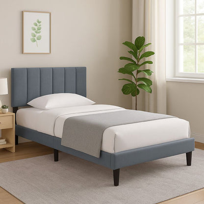 Lilian Twin Bed, Soft Channel Tufted Charcoal Gray Linen Upholstery