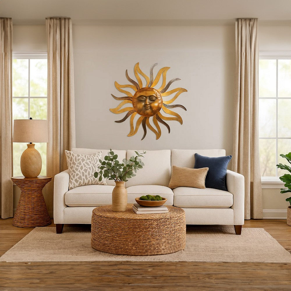 35 Inch Round Wall Mounted Sun Face Accent Decor, Carved Rustic Gold and Black Metal