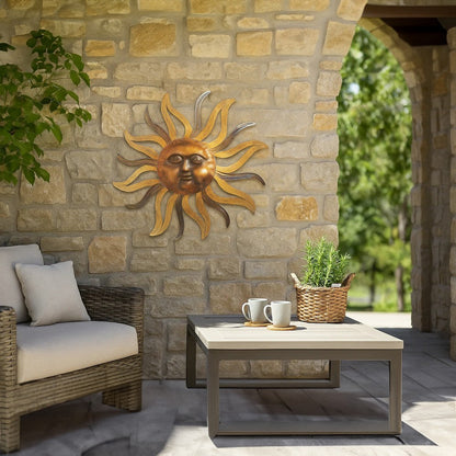 35 Inch Round Wall Mounted Sun Face Accent Decor, Carved Rustic Gold and Black Metal