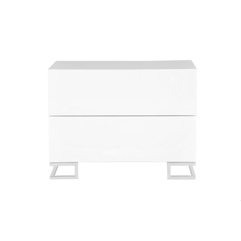 Sam 20 Inch Nightstand, 2 Drawers, White Wood, High Polished Metal Legs