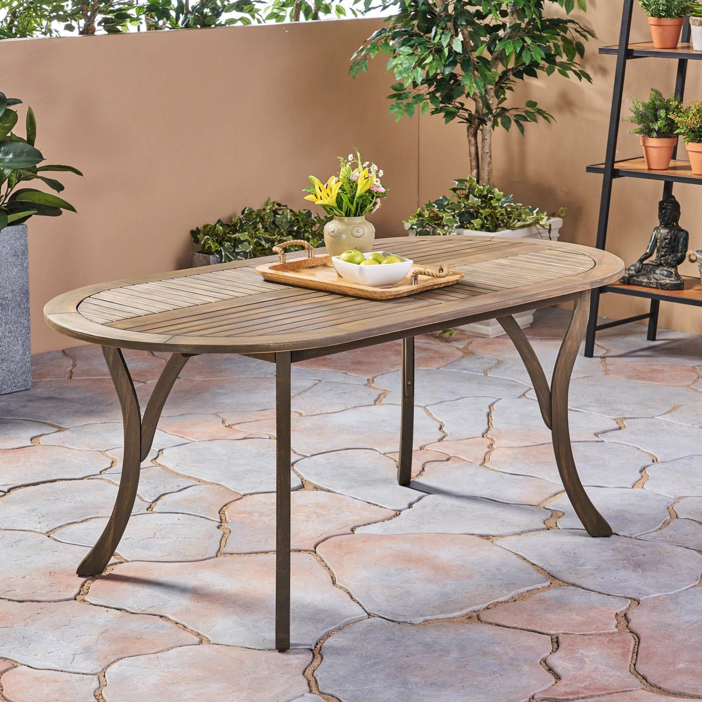 Nila Folding Outdoor Dining Table, 63 Inch Slatted Oval Brown Wood Top