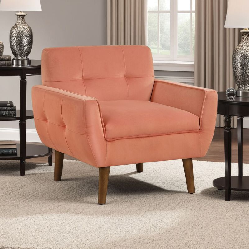 Roa Accent Armchair, Coral Orange Velvet, Tufted Back w Tapered Legs