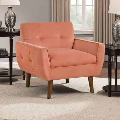 Roa Accent Armchair, Coral Orange Velvet, Tufted Back w Tapered Legs