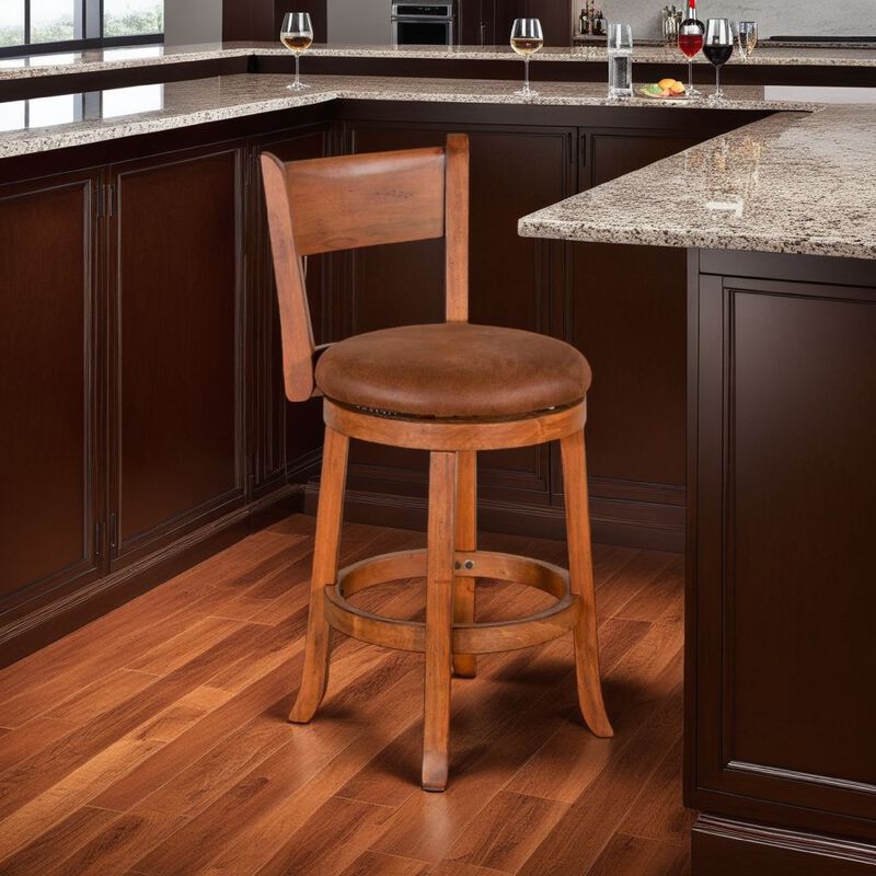 Marv Swivel Counter Height Chair Set of 2, Brown Faux Leather, Wood