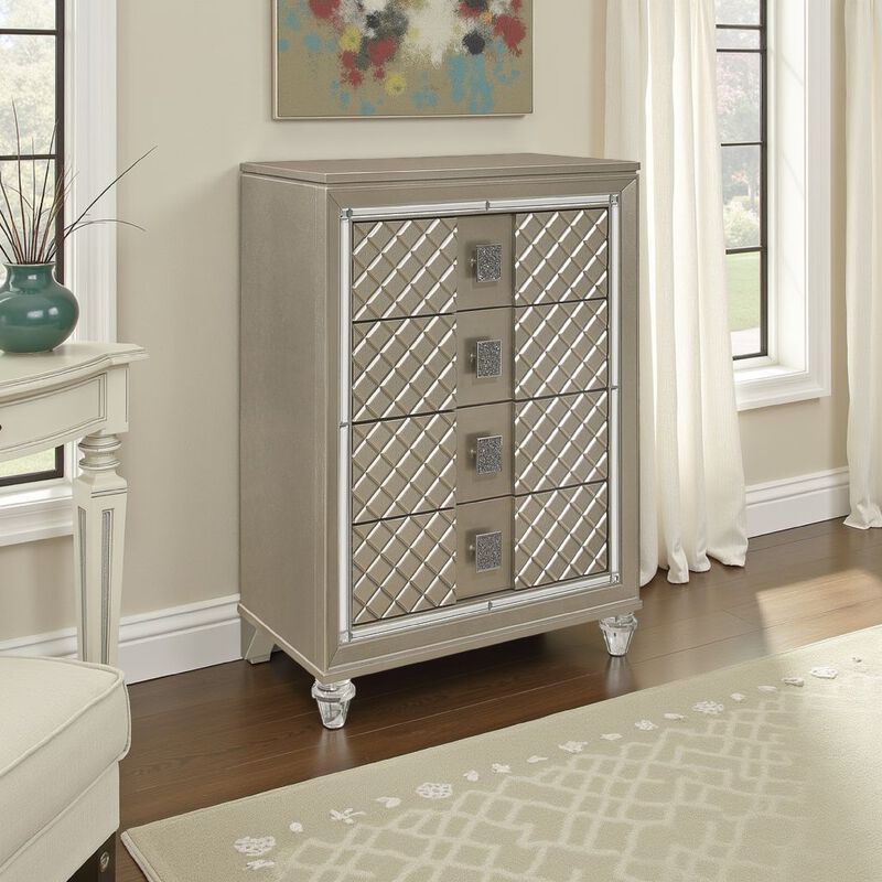 Loy Tall Dresser Chest, 4 Drawers Champagne Gold Metallic, Mirror Trim