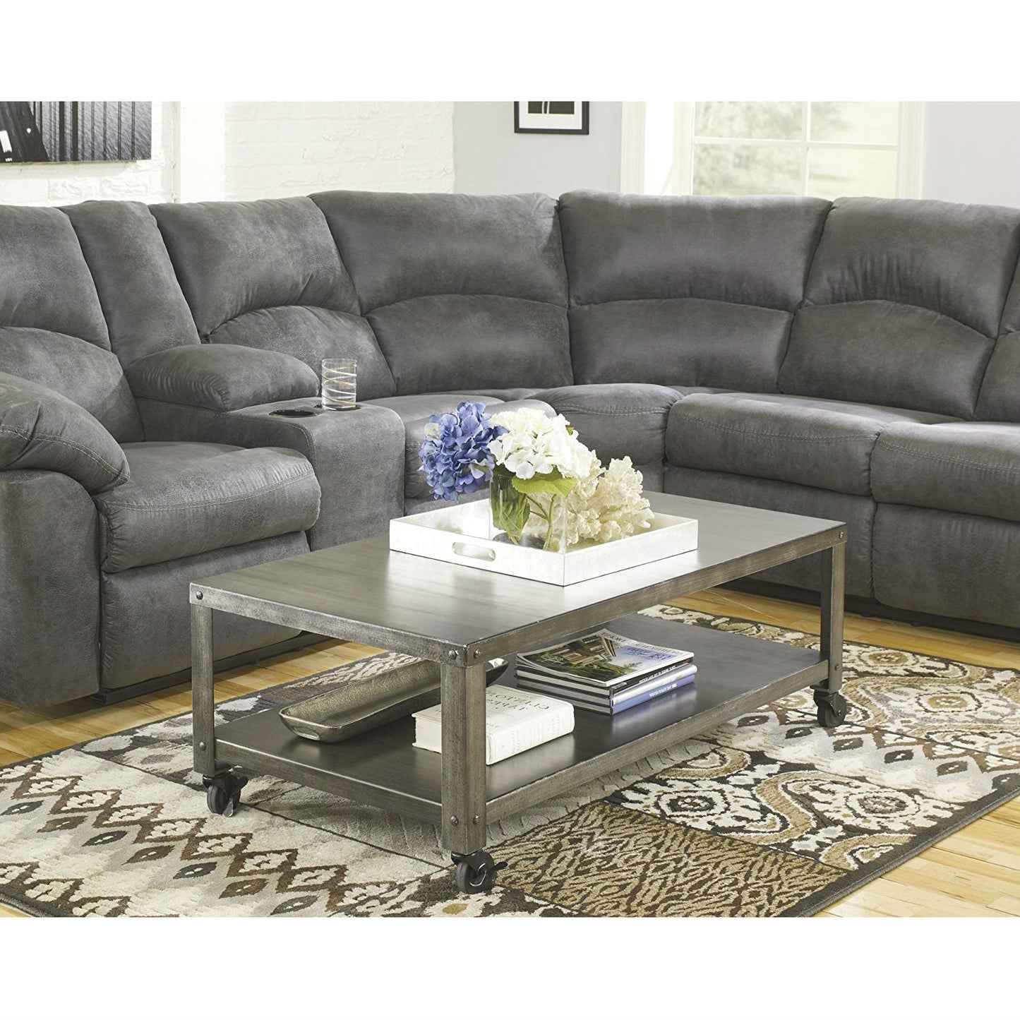 Modern Industrial Style Metal Coffee Table with Locking Caster Wheels