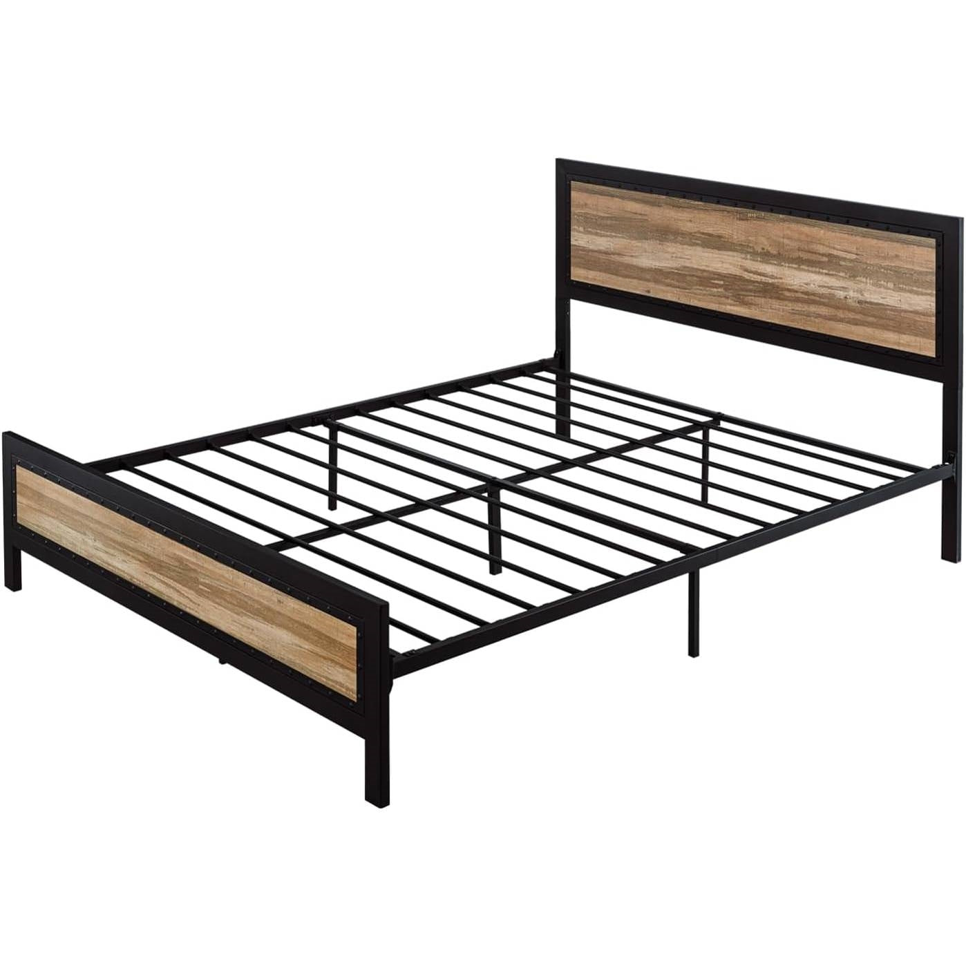 Full Industrial Metal Wood Rivet Platform Bed Frame w/ Headboard and Footboard — Chic Home-Decor