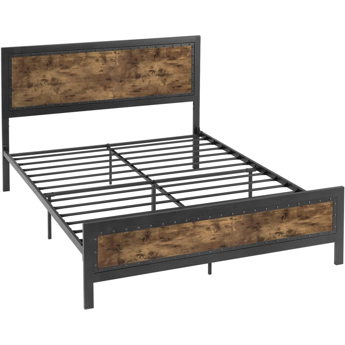 Queen Industrial Rivet Platform Bed Frame with Headboard in Rustic Wood Finish — Chic Home-Decor