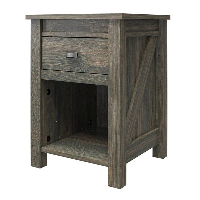 Farmhouse 1-Drawer Bedroom Nightstand with Open Shelf in Rustic Grey Oak — Chic Home-Decor