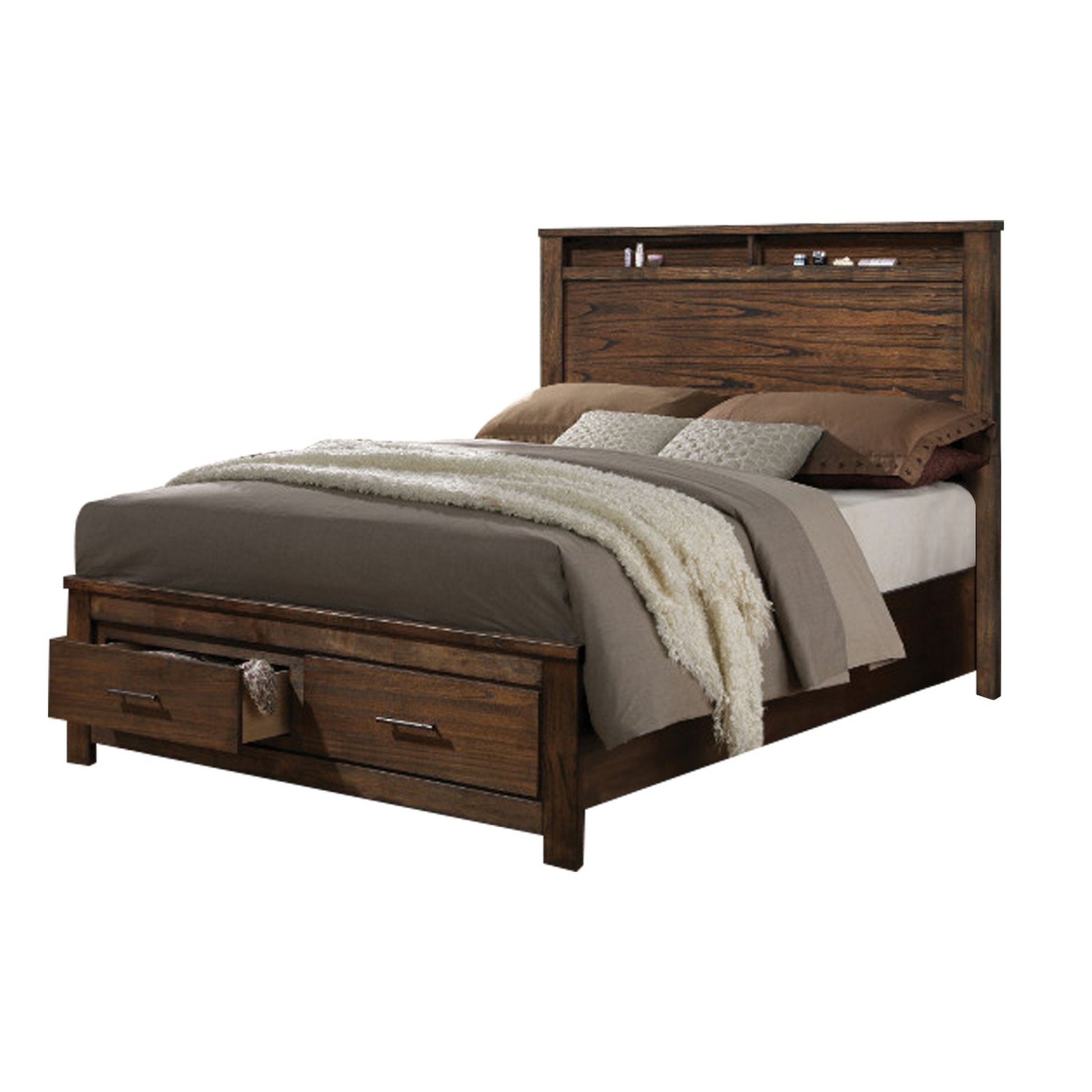 Contemporary Style Spacious Queen Bed With Storage Footboard, Brown — Chic Home-Decor