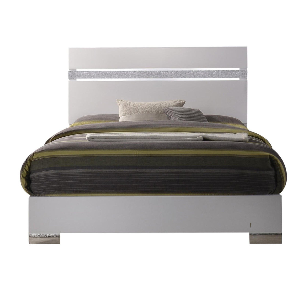 Wooden queen size bed with block legs and Crystal Accented Headboard, White — Chic Home-Decor