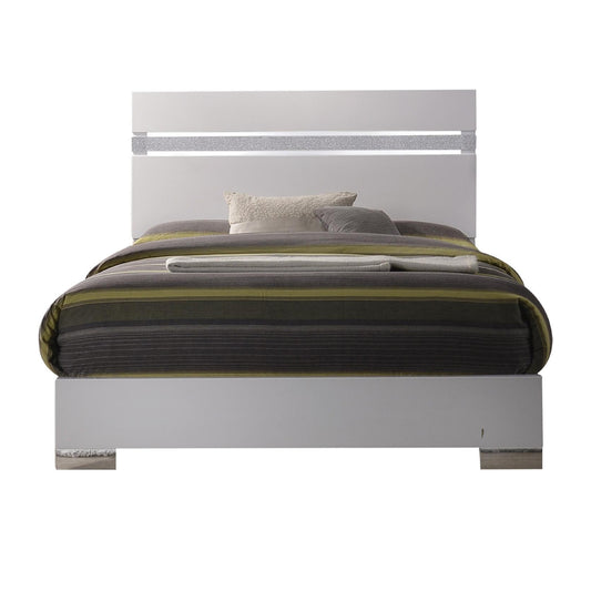 Wooden queen size bed with block legs and Crystal Accented Headboard, White — Chic Home-Decor