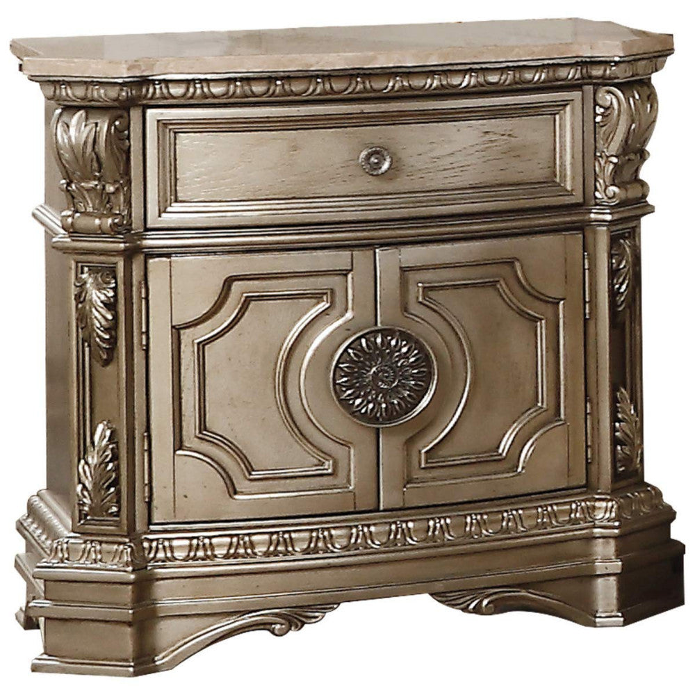 Marble Top Nightstand With One Drawer And Two Door Shelf, Antique Champagne — Chic Home-Decor
