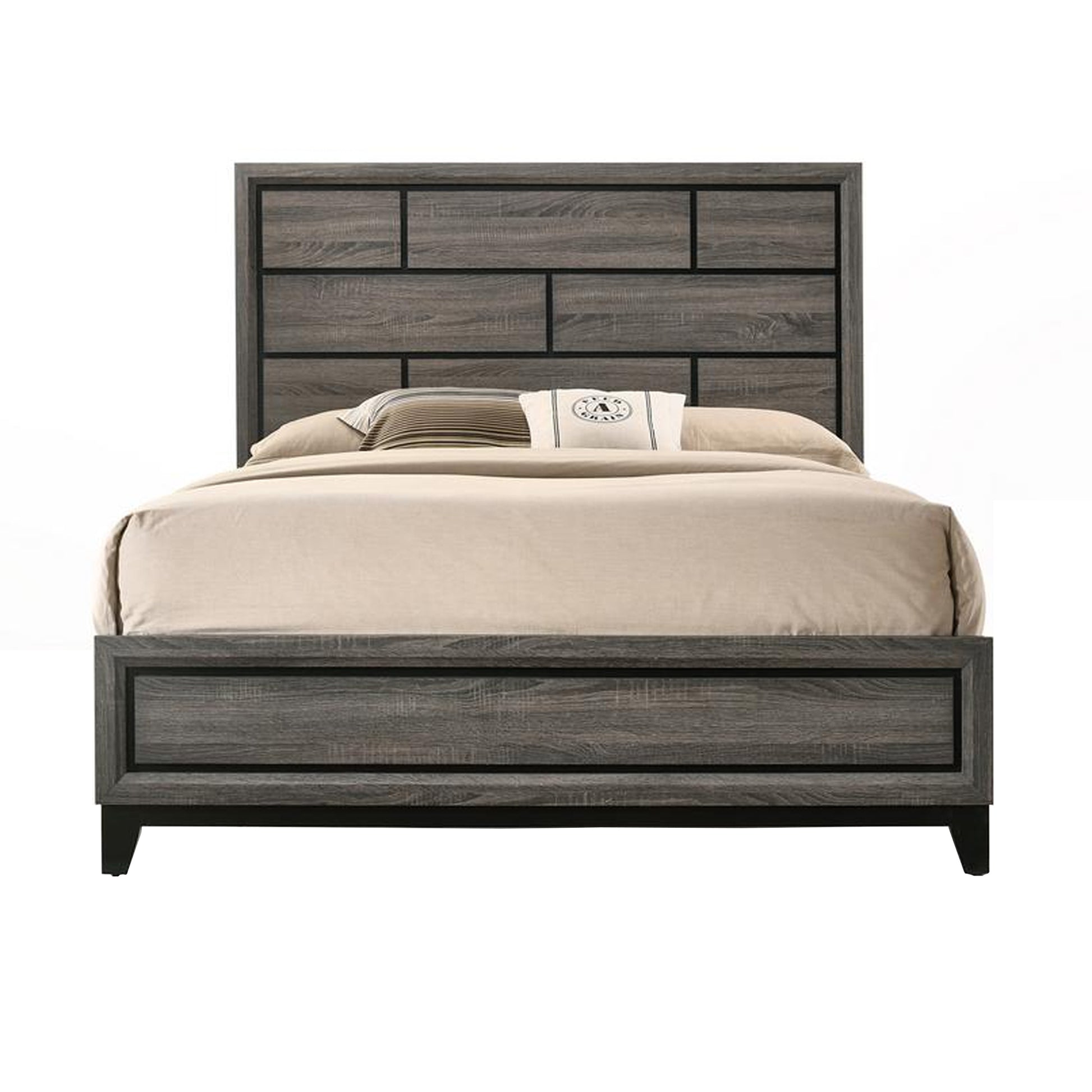Transitional Style Wooden Queen Size Bed with Brick Elements Panel Headboard, Gray — Chic Home-Decor