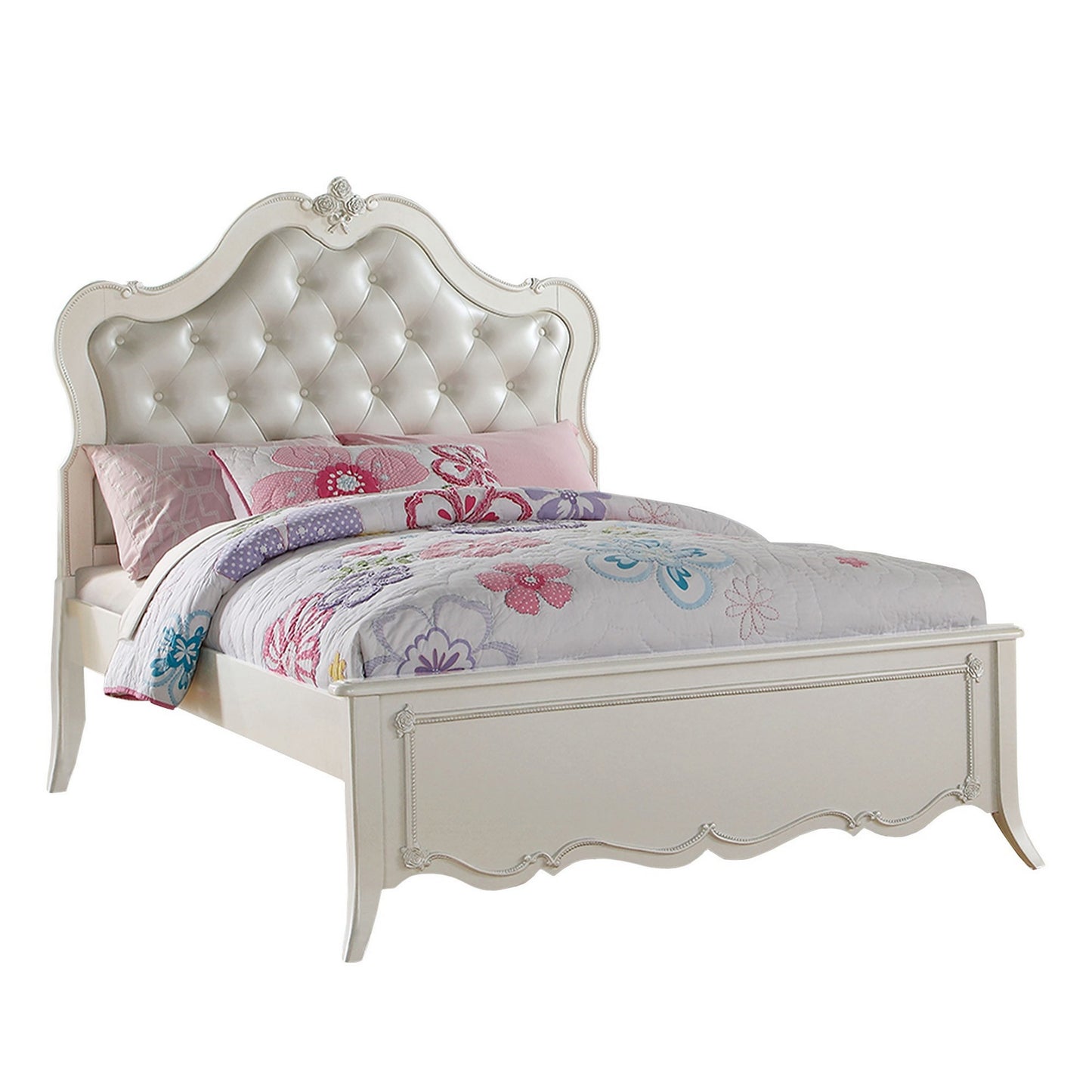 Pine Wood Twin Bed With Button Tufted Headboard, Pearl White — Chic Home-Decor