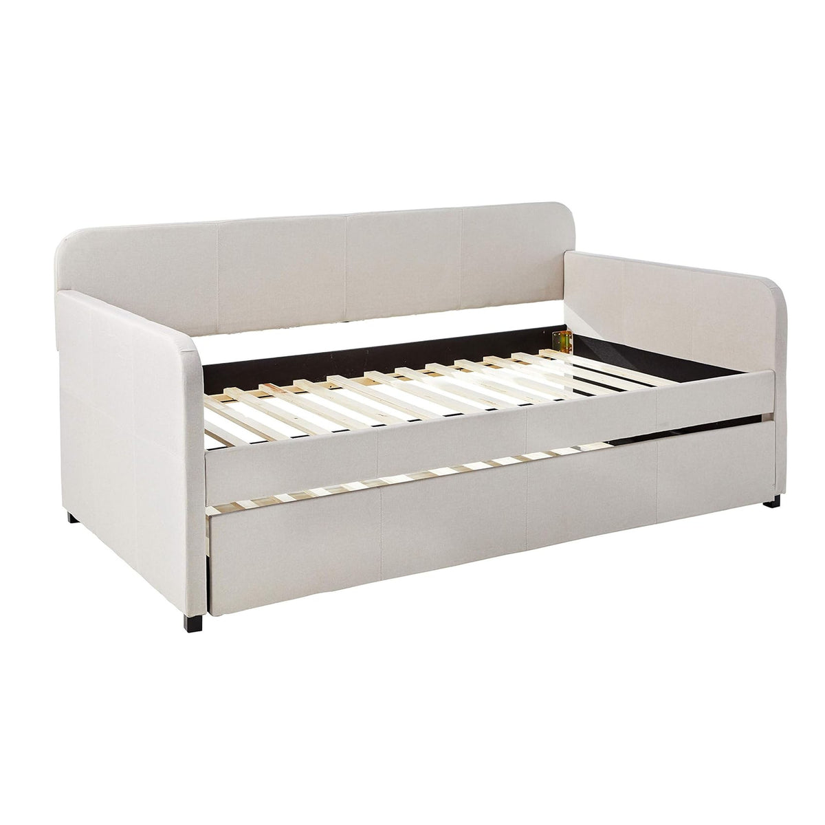 Fabric Upholstered Wooden Day Bed with Trundle and Panel Back, Beige — Chic Home-Decor