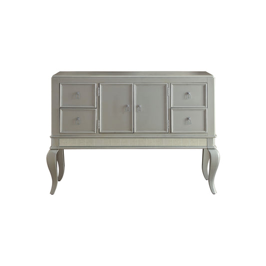 Wooden Server with Four Drawers and Mirror Accents, Champagne Silver — Chic Home-Decor