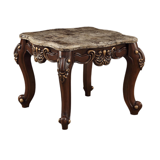 Square Marble Top End Table With Carved Floral Motifs Wooden Feet, Brown — Chic Home-Decor