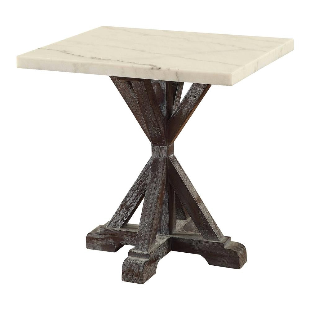 Marble Top End Table With Wooden Tri Pod Base, White And Espresso Brown