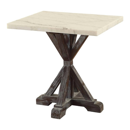 Marble Top End Table With Wooden Tri Pod Base, White And Espresso Brown