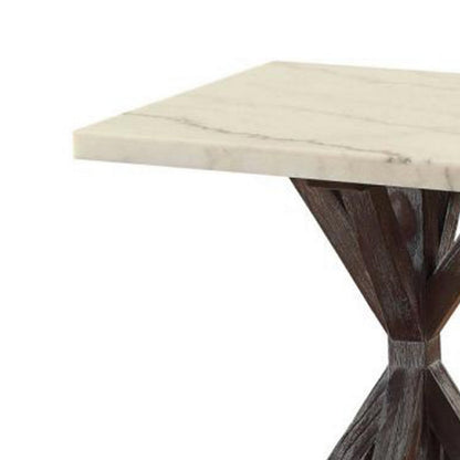 Marble Top End Table With Wooden Tri Pod Base, White And Espresso Brown
