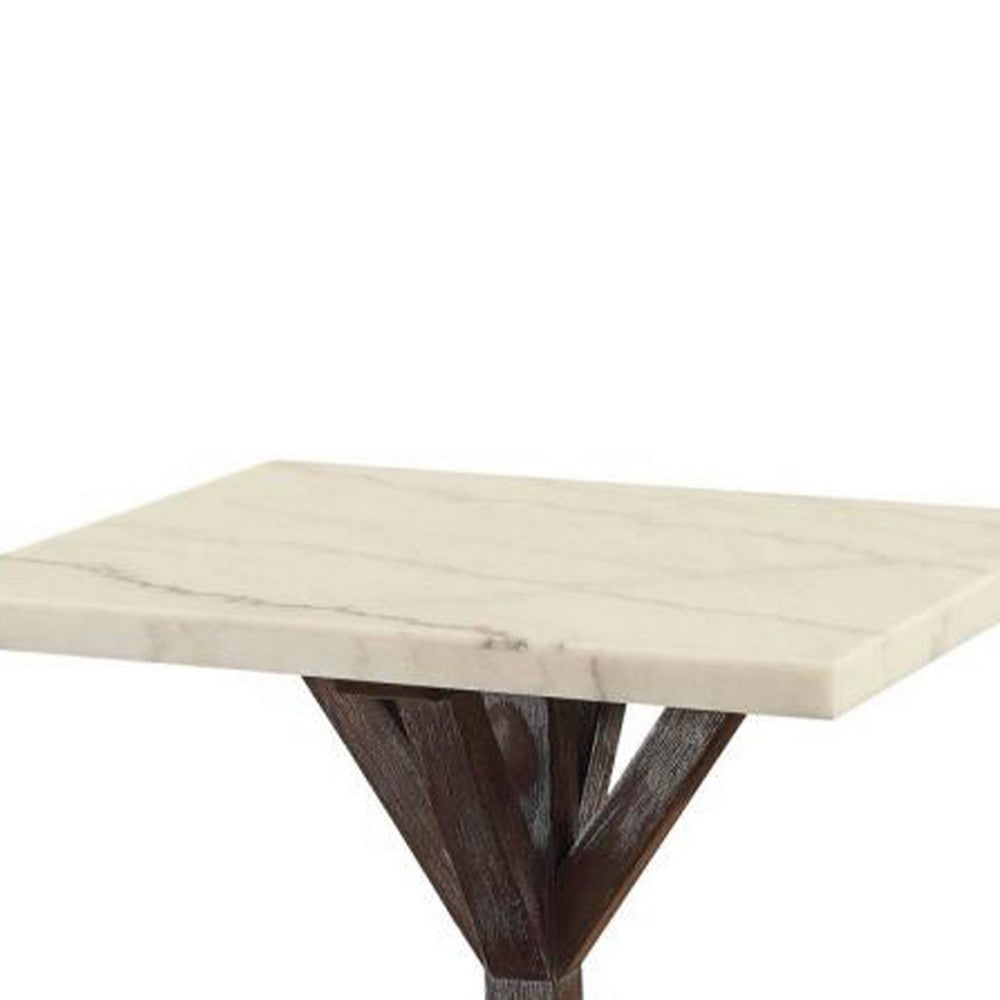 Marble Top End Table With Wooden Tri Pod Base, White And Espresso Brown
