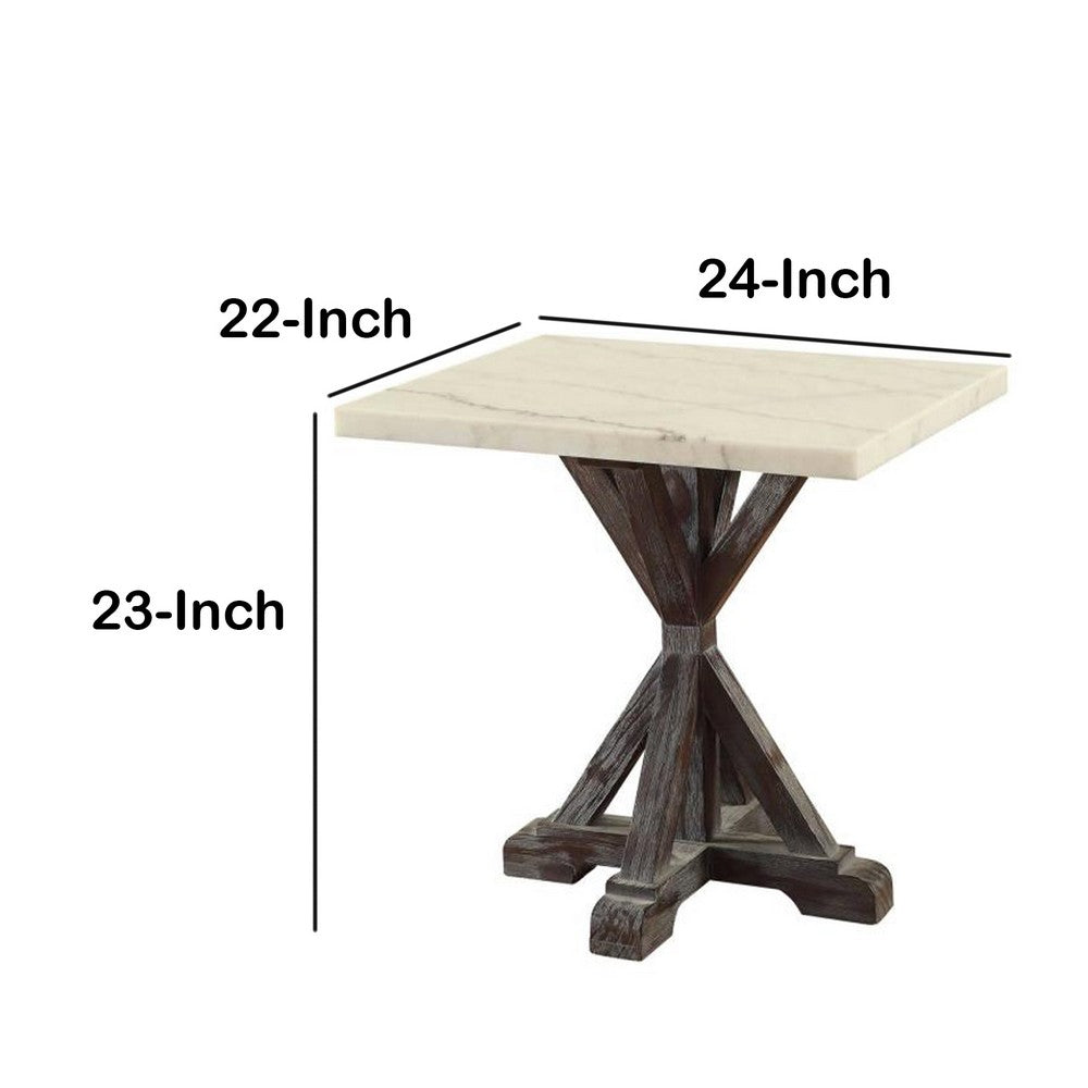Marble Top End Table With Wooden Tri Pod Base, White And Espresso Brown
