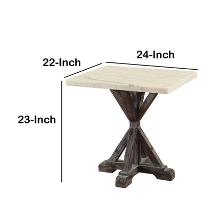 Marble Top End Table With Wooden Tri Pod Base, White And Espresso Brown