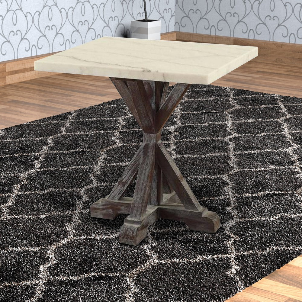 Marble Top End Table With Wooden Tri Pod Base, White And Espresso Brown