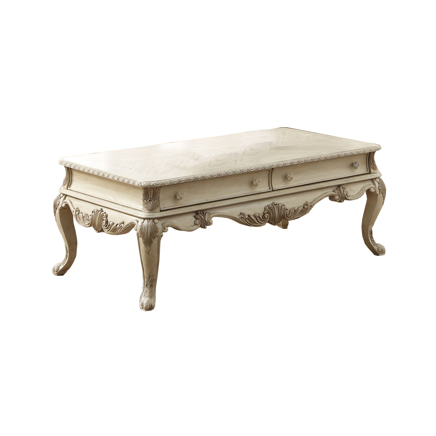 Vintage Style Wooden Coffee Table with Cabriole Legs and Two Broad Drawers, White — Chic Home-Decor