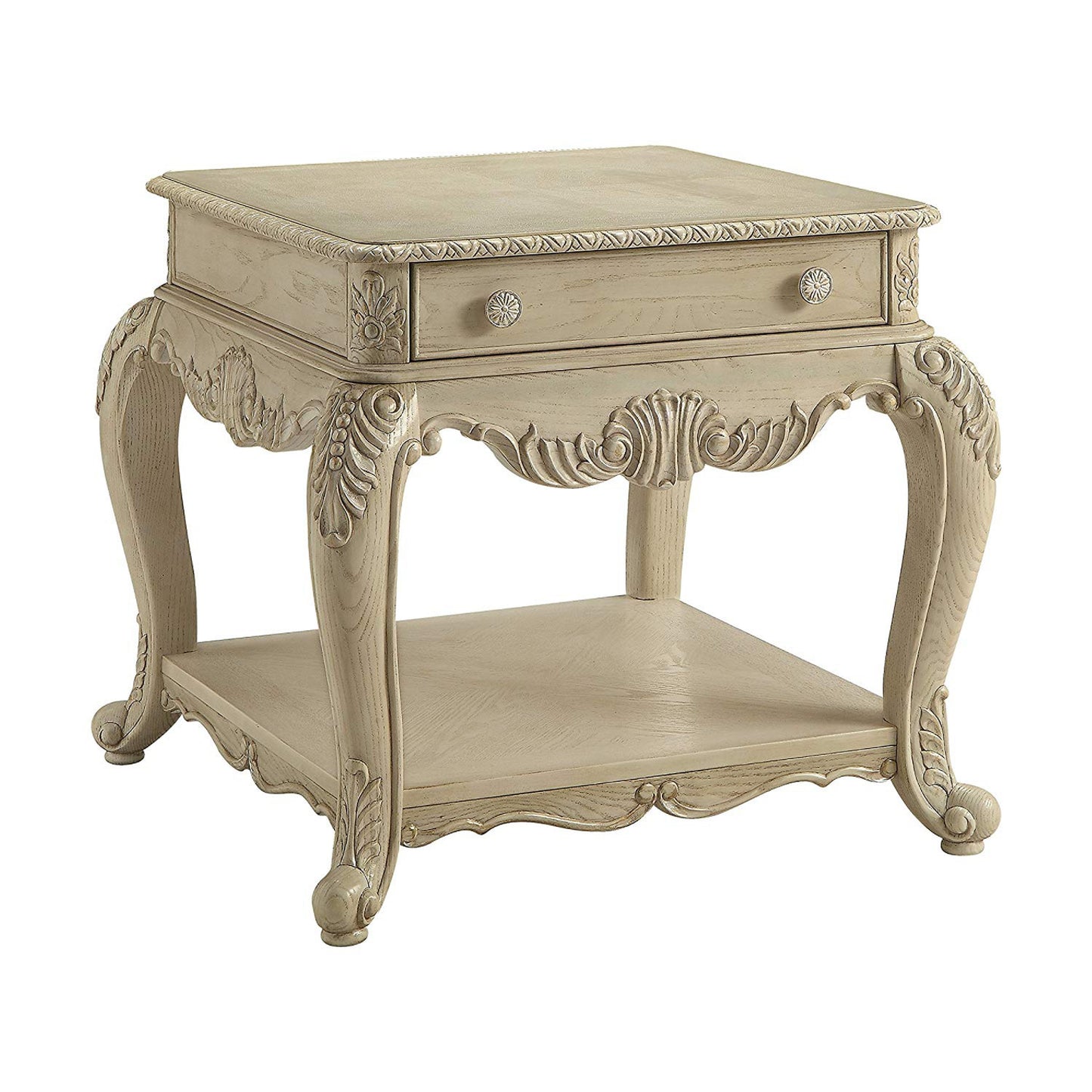 Wooden End Table With One Drawer And Bottom Shelf, Antique White — Chic Home-Decor