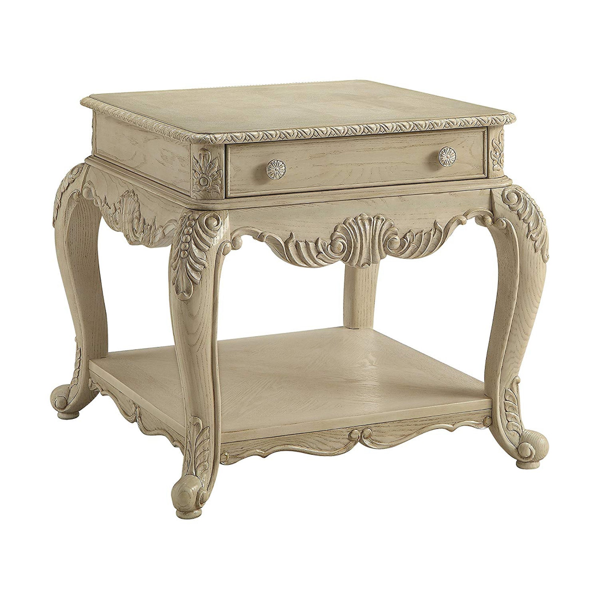 Wooden End Table With One Drawer And Bottom Shelf, Antique White — Chic Home-Decor