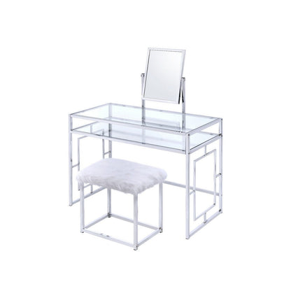 Glass and Metal Vanity Set With Faux Fur Stool, White and Silver