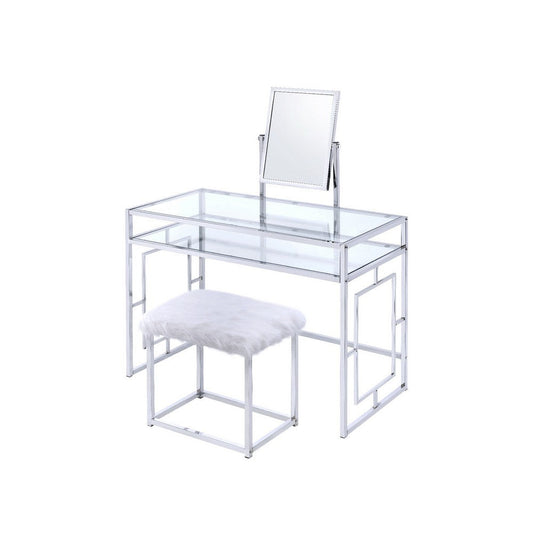 Glass and Metal Vanity Set With Faux Fur Stool, White and Silver
