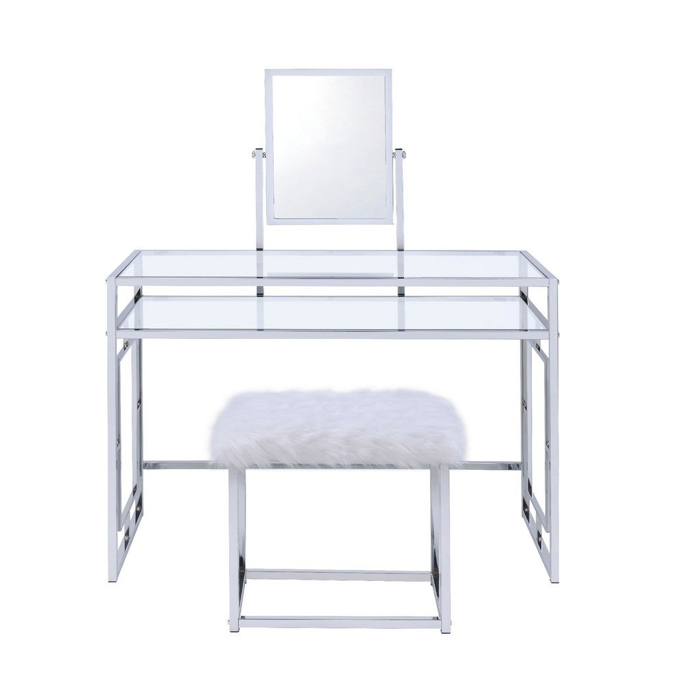 Glass and Metal Vanity Set With Faux Fur Stool, White and Silver