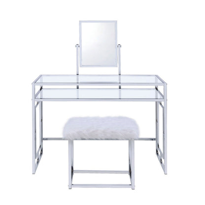 Glass and Metal Vanity Set With Faux Fur Stool, White and Silver