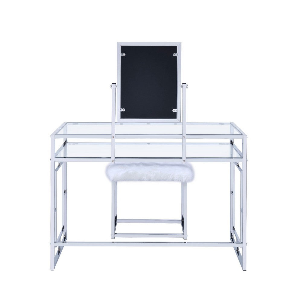Glass and Metal Vanity Set With Faux Fur Stool, White and Silver