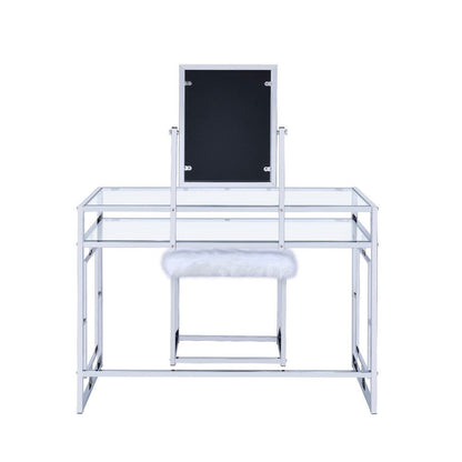 Glass and Metal Vanity Set With Faux Fur Stool, White and Silver