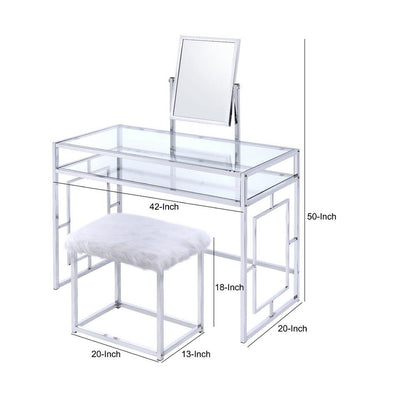 Glass and Metal Vanity Set With Faux Fur Stool, White and Silver