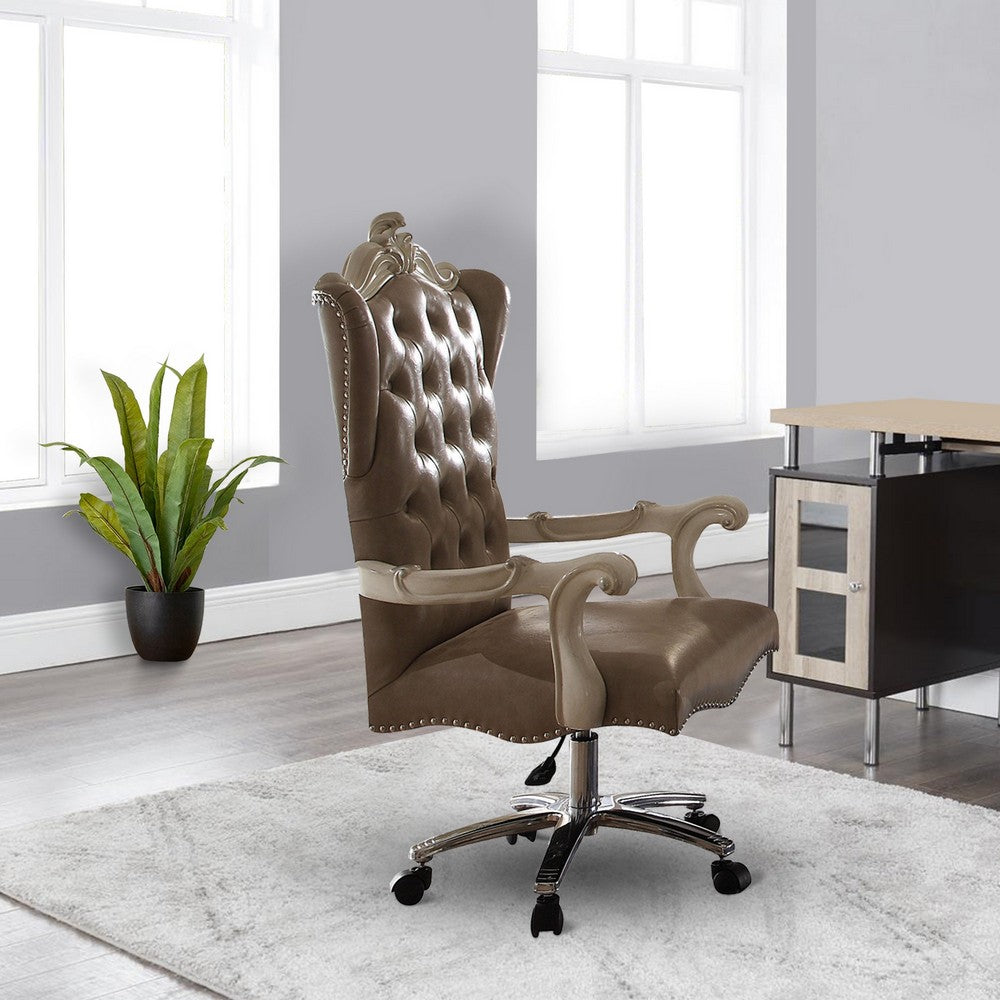 Leather Upholstered Executive Chair With Lift in Brown and Bone White Finish