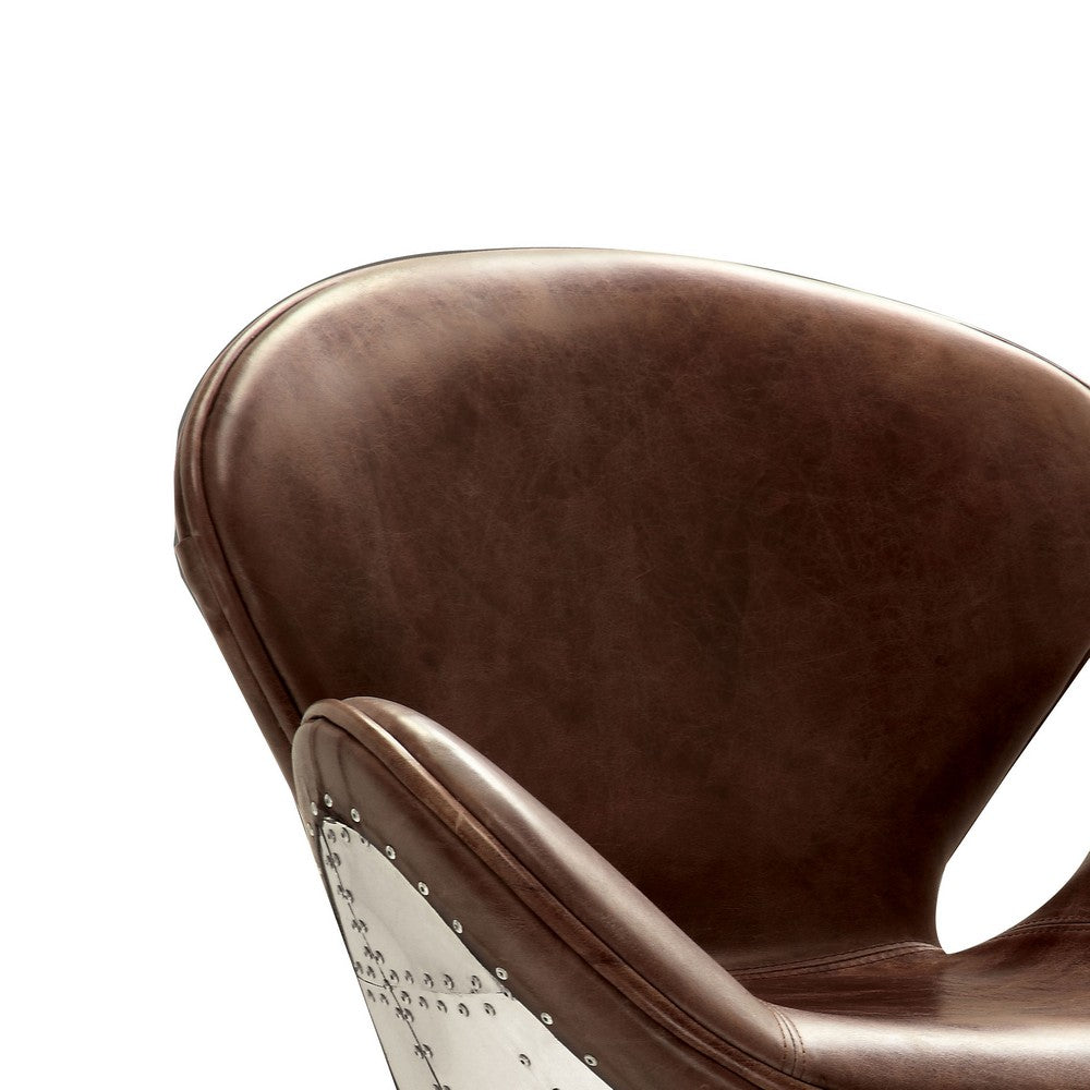 Top Grain Leather Accent Chair with Swivel, Brown & Silver