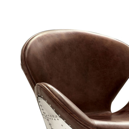 Top Grain Leather Accent Chair with Swivel, Brown & Silver