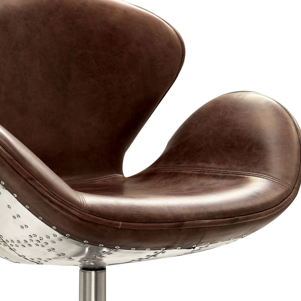 Top Grain Leather Accent Chair with Swivel, Brown & Silver
