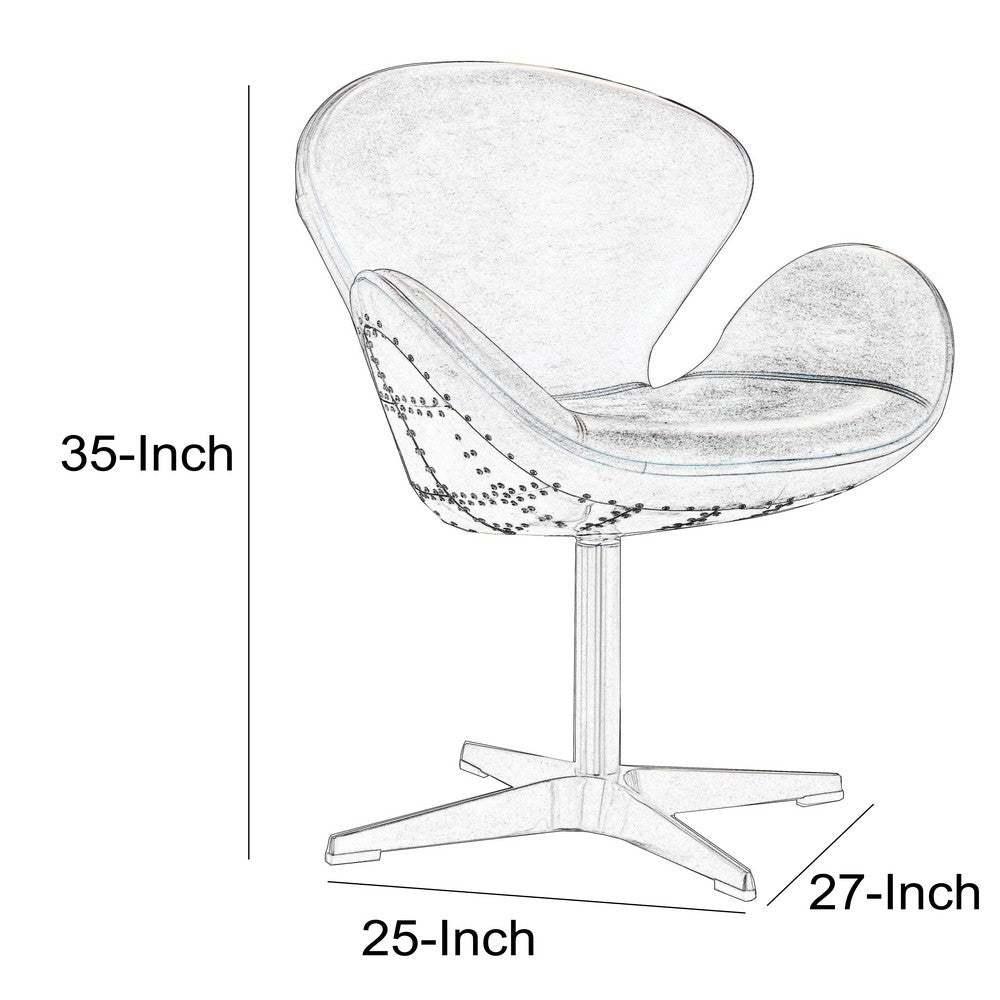 Top Grain Leather Accent Chair with Swivel, Brown & Silver