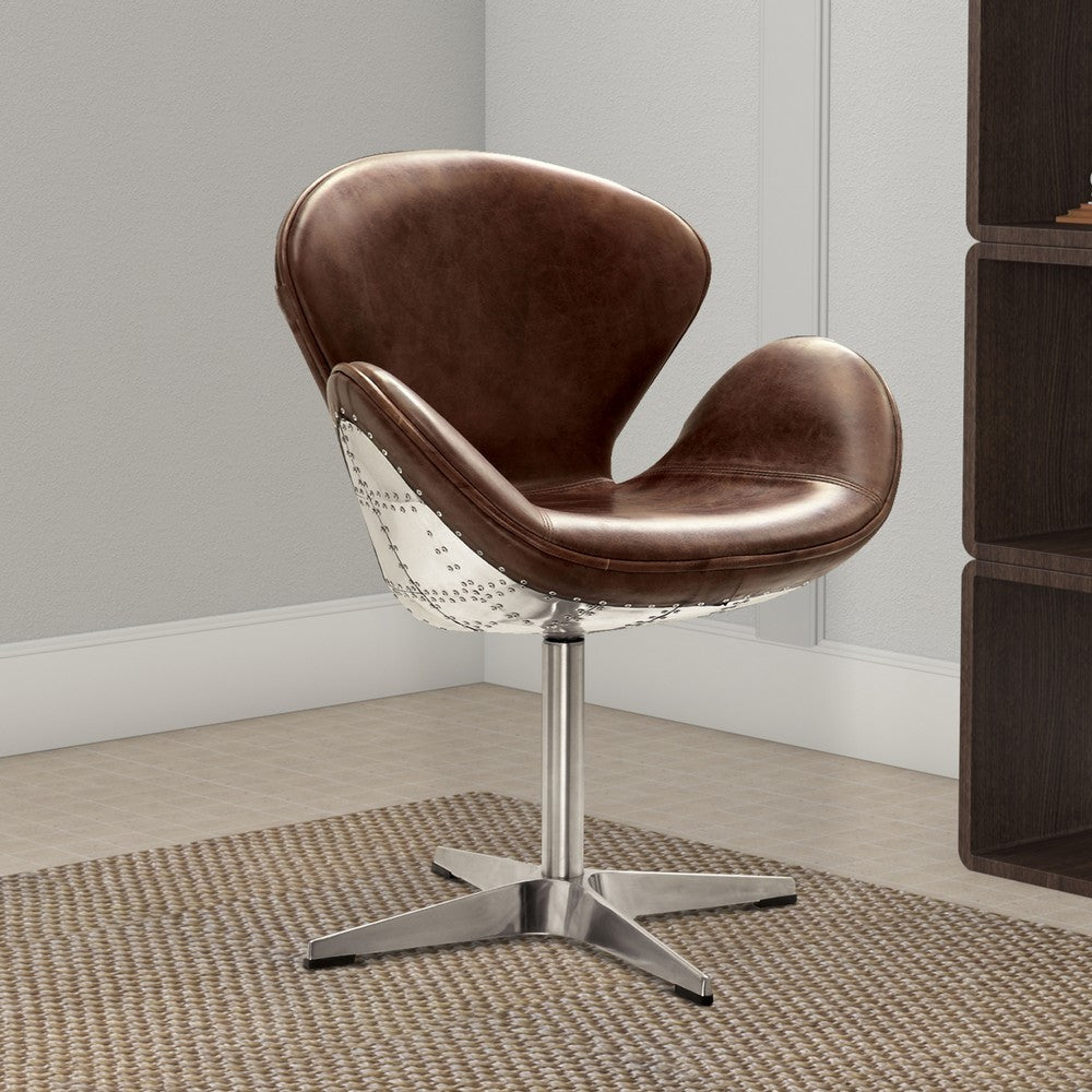Top Grain Leather Accent Chair with Swivel, Brown & Silver
