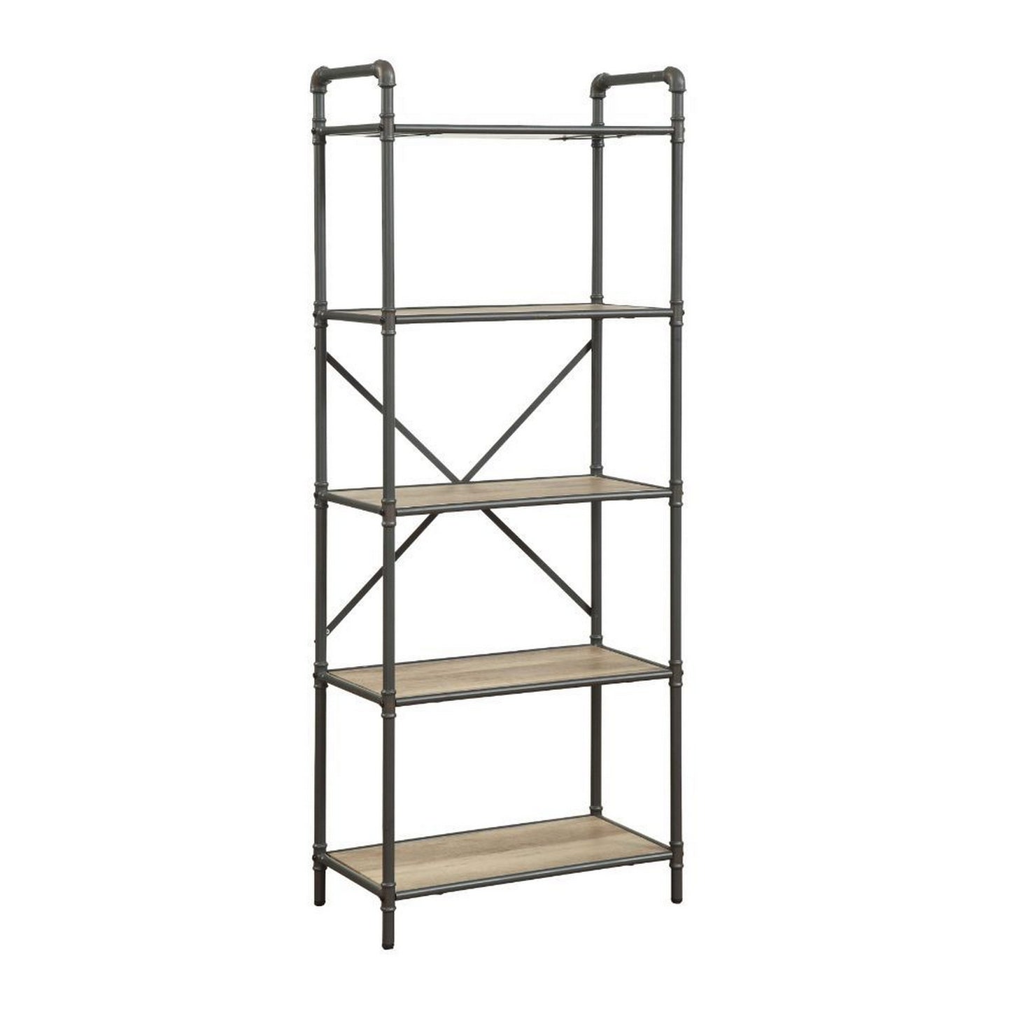 Five Tier Metal Bookshelf With Wooden Shelves, Oak Brown & Gray — Chic Home-Decor