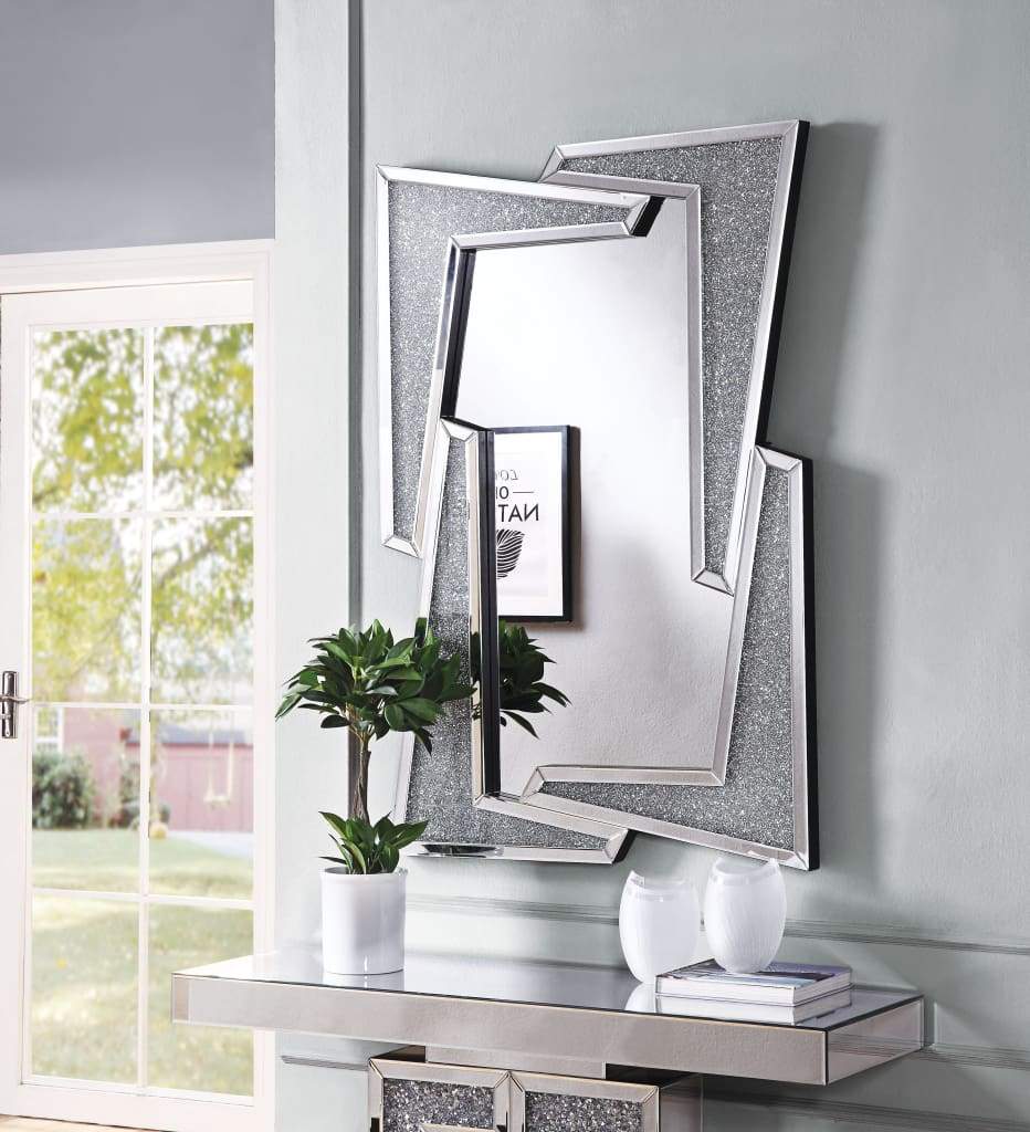 Mirrored Wooden Frame Accent Wall Decor with Four L Shaped Borders, Silver