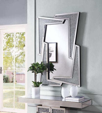 Mirrored Wooden Frame Accent Wall Decor with Four L Shaped Borders, Silver