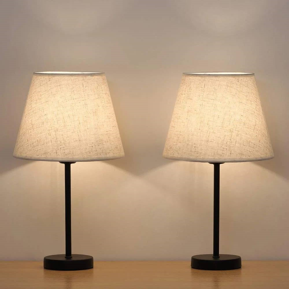 Set of 2 - Bedside Table Lamp with Cream Linen Shade and Black Base