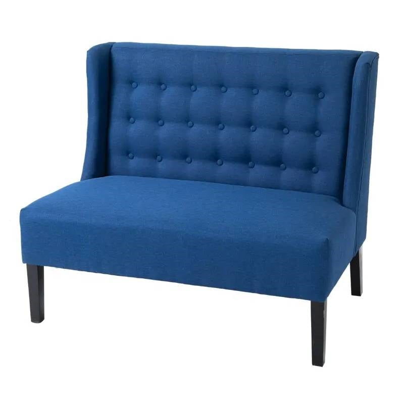 Scandinavian 2 Seater Button Tufted Loveseat Wooden Legs Blue Linen — Chic Home-Decor